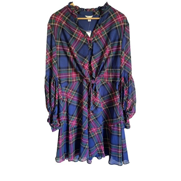 New! CATO Size Xl Blue Pink Berry Plaid Ruffle Neck Tie Waist Sheer Long Sleeve - Picture 3 of 8